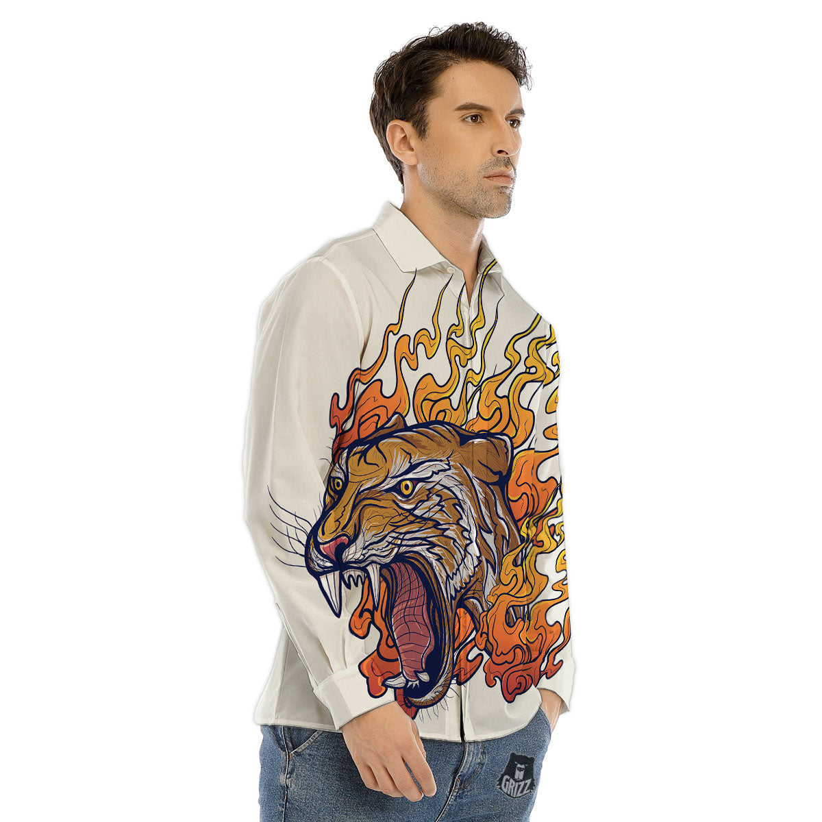 Tattoo Japanese Tiger Print Men's Dress Shirts-grizzshop