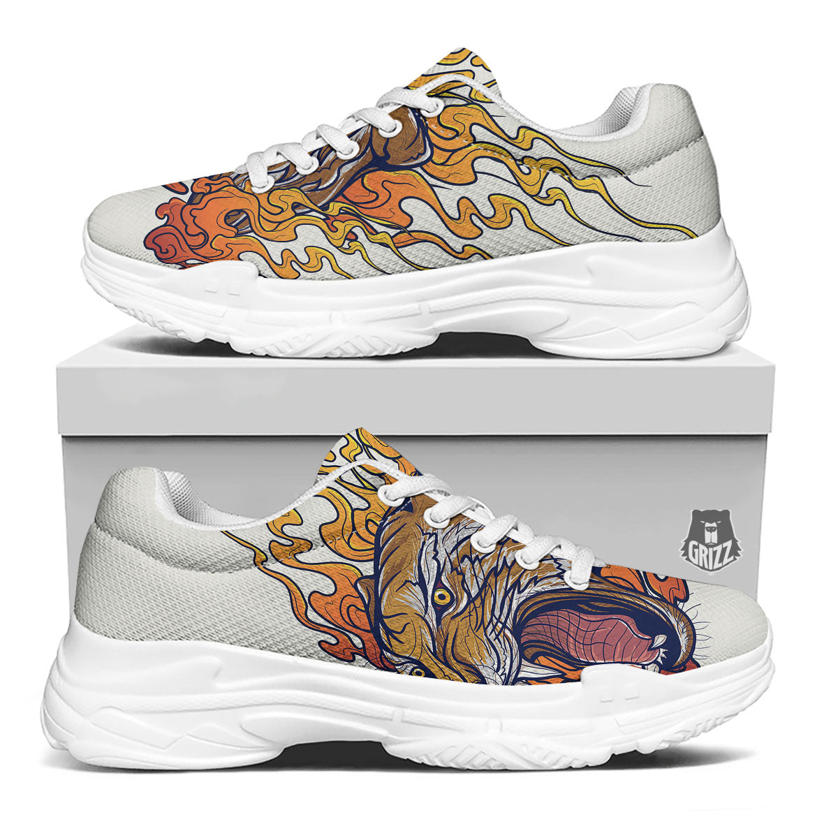 Tattoo Japanese Tiger Print White Chunky Shoes-grizzshop