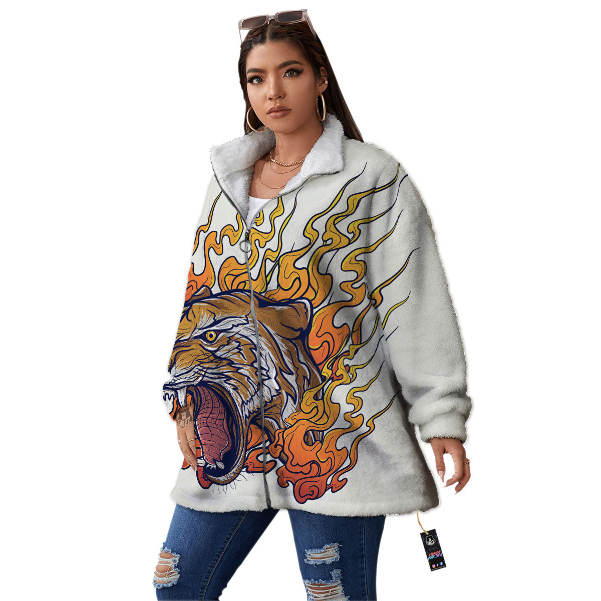 Tattoo Japanese Tiger Print Women's Sherpa Jacket-grizzshop
