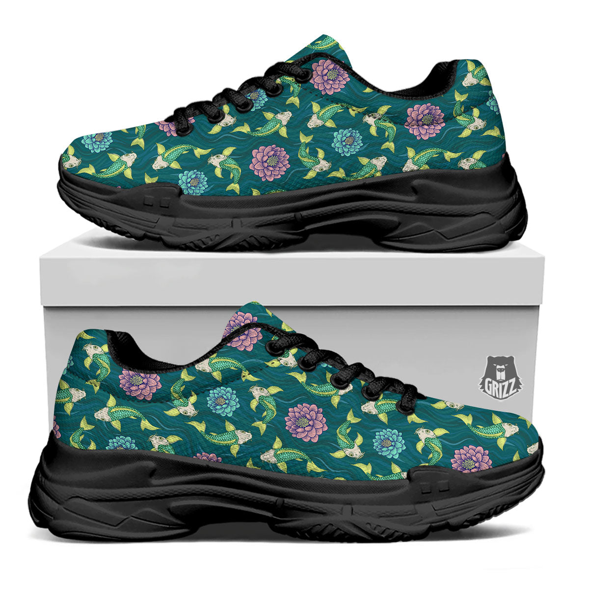 Tattoo Koi Carp Japanese Print Pattern Black Chunky Shoes-grizzshop