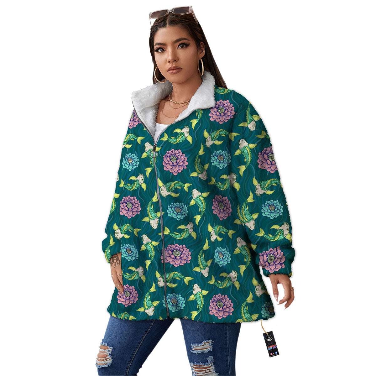 Tattoo Koi Carp Japanese Print Pattern Women's Sherpa Jacket-grizzshop