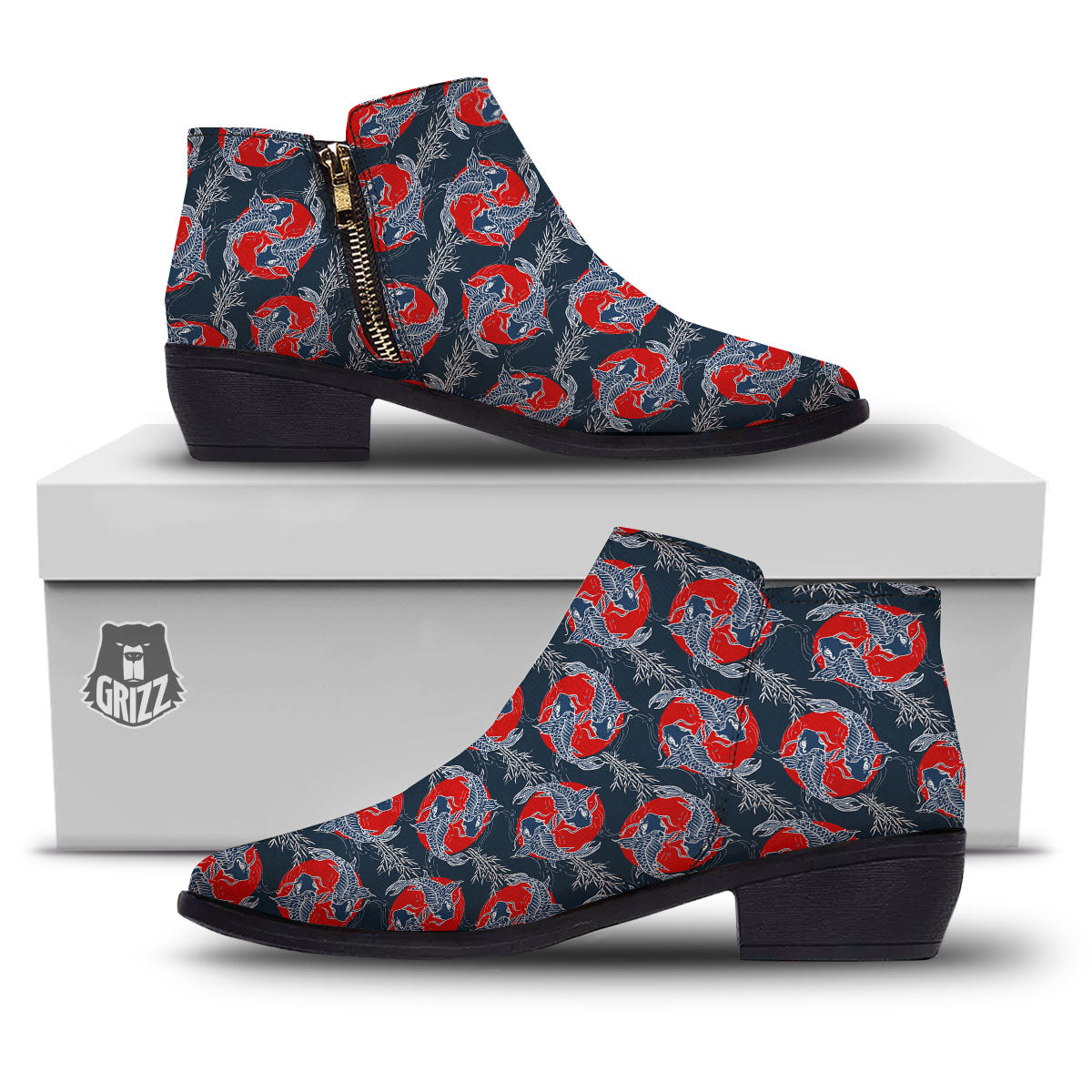 Tattoo Koi Fish Japanese Print Pattern Ankle Boots-grizzshop