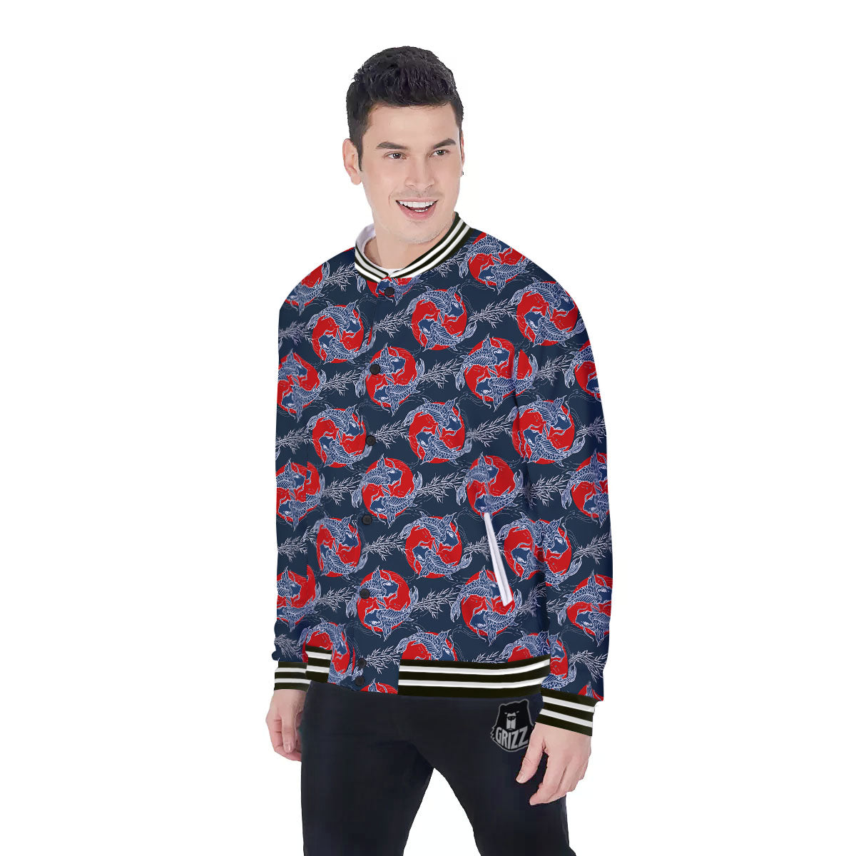 Tattoo Koi Fish Japanese Print Pattern Baseball Jacket-grizzshop