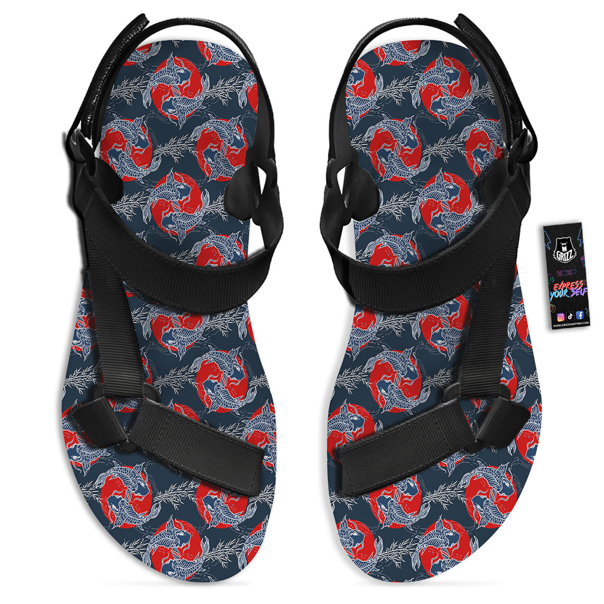 Tattoo Koi Fish Japanese Print Pattern Black Open Toe Sandals-grizzshop