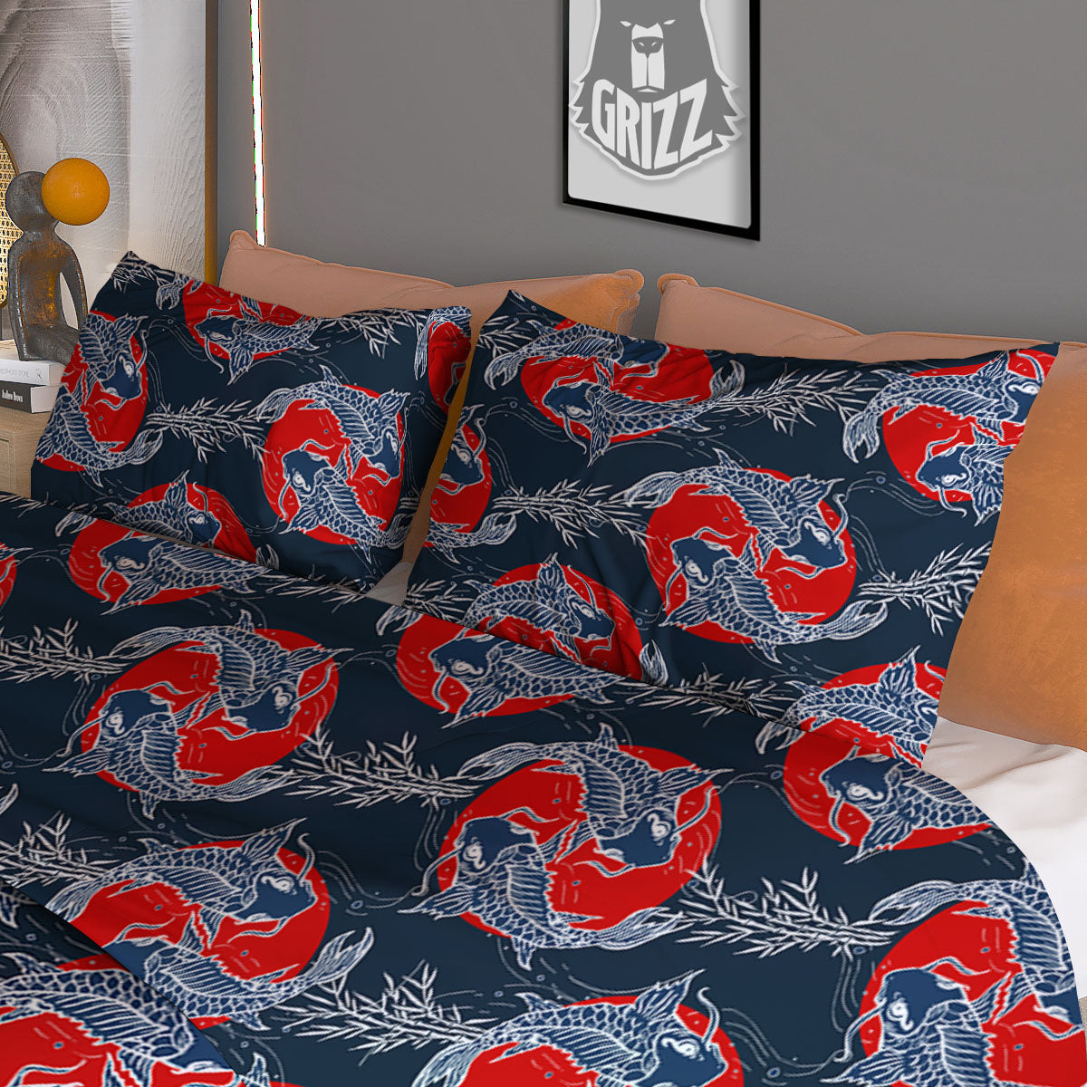 Tattoo Koi Fish Japanese Print Pattern Duvet Cover Bedding Set