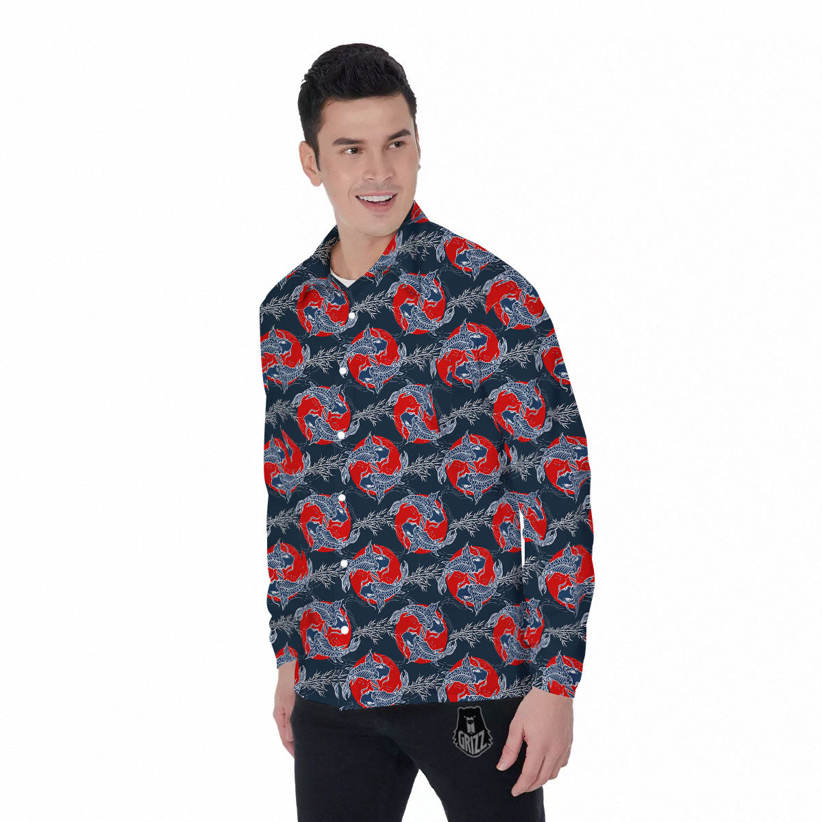 Tattoo Koi Fish Japanese Print Pattern Men's Long Sleeve Shirts-grizzshop