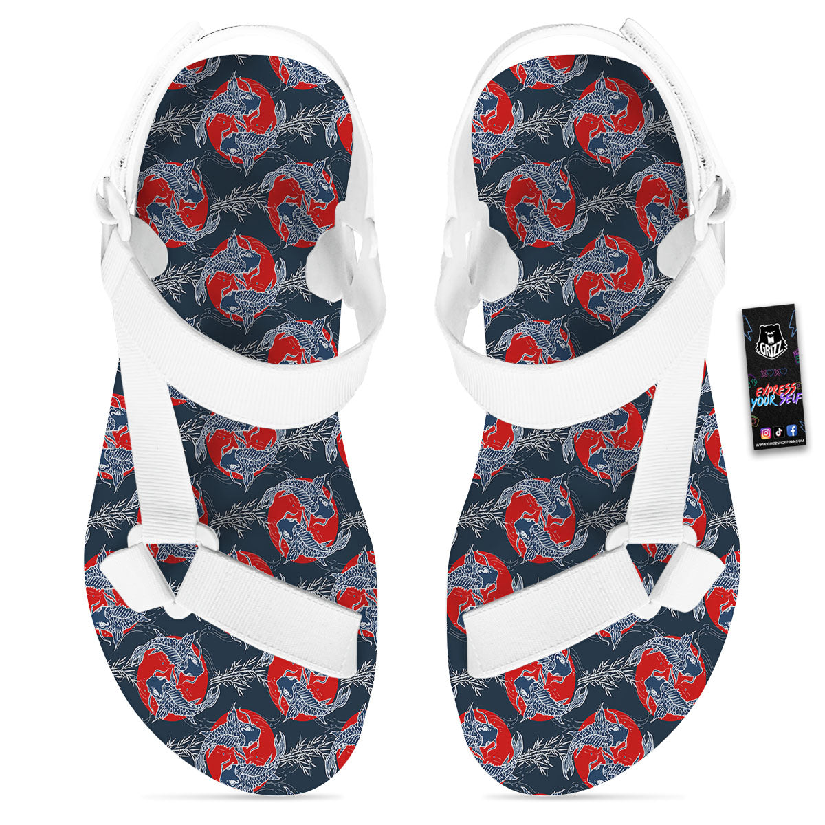 Tattoo Koi Fish Japanese Print Pattern White Open Toe Sandals-grizzshop