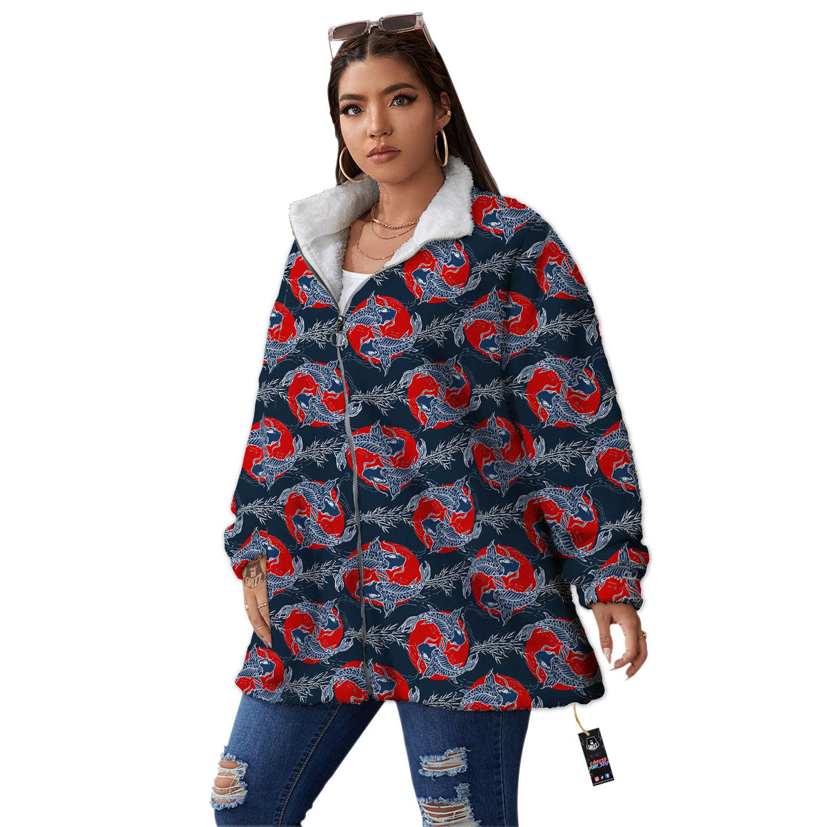 Tattoo Koi Fish Japanese Print Pattern Women's Sherpa Jacket-grizzshop