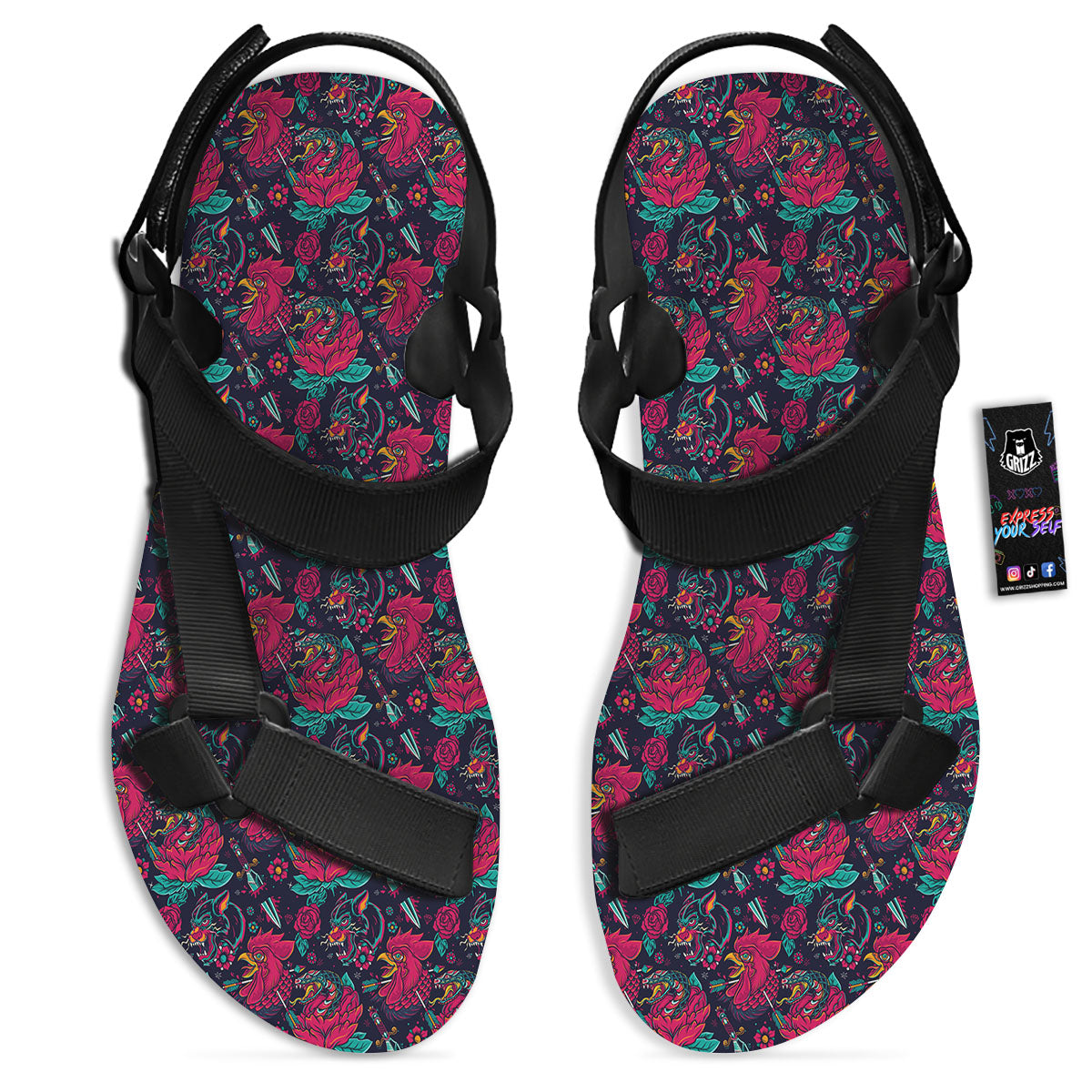 Tattoo Old School Print Pattern Black Open Toe Sandals-grizzshop