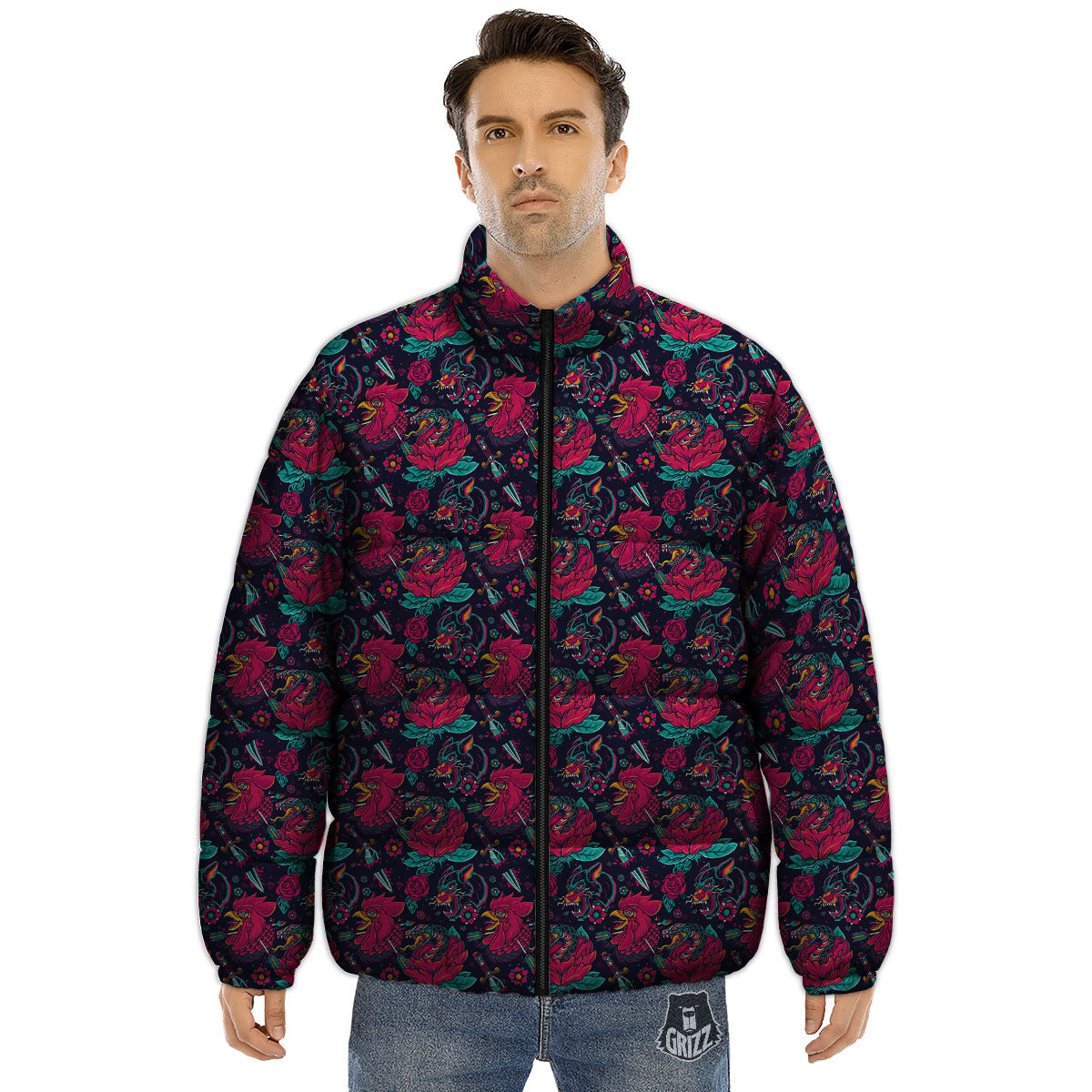 Tattoo Old School Print Pattern Puffer Jacket-grizzshop