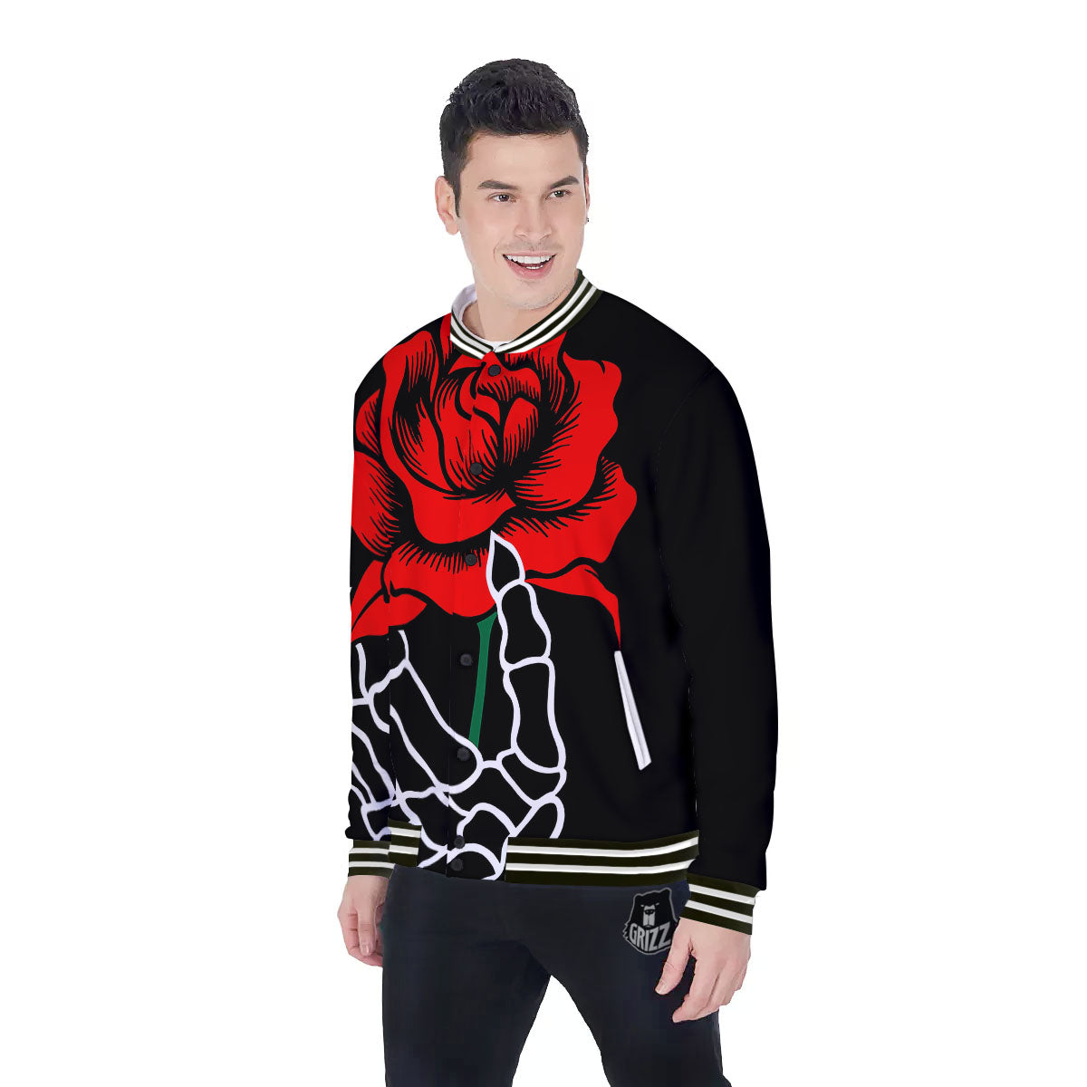 Tattoo Red Roses Print Baseball Jacket-grizzshop