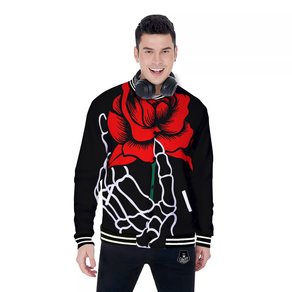 Tattoo Red Roses Print Baseball Jacket-grizzshop
