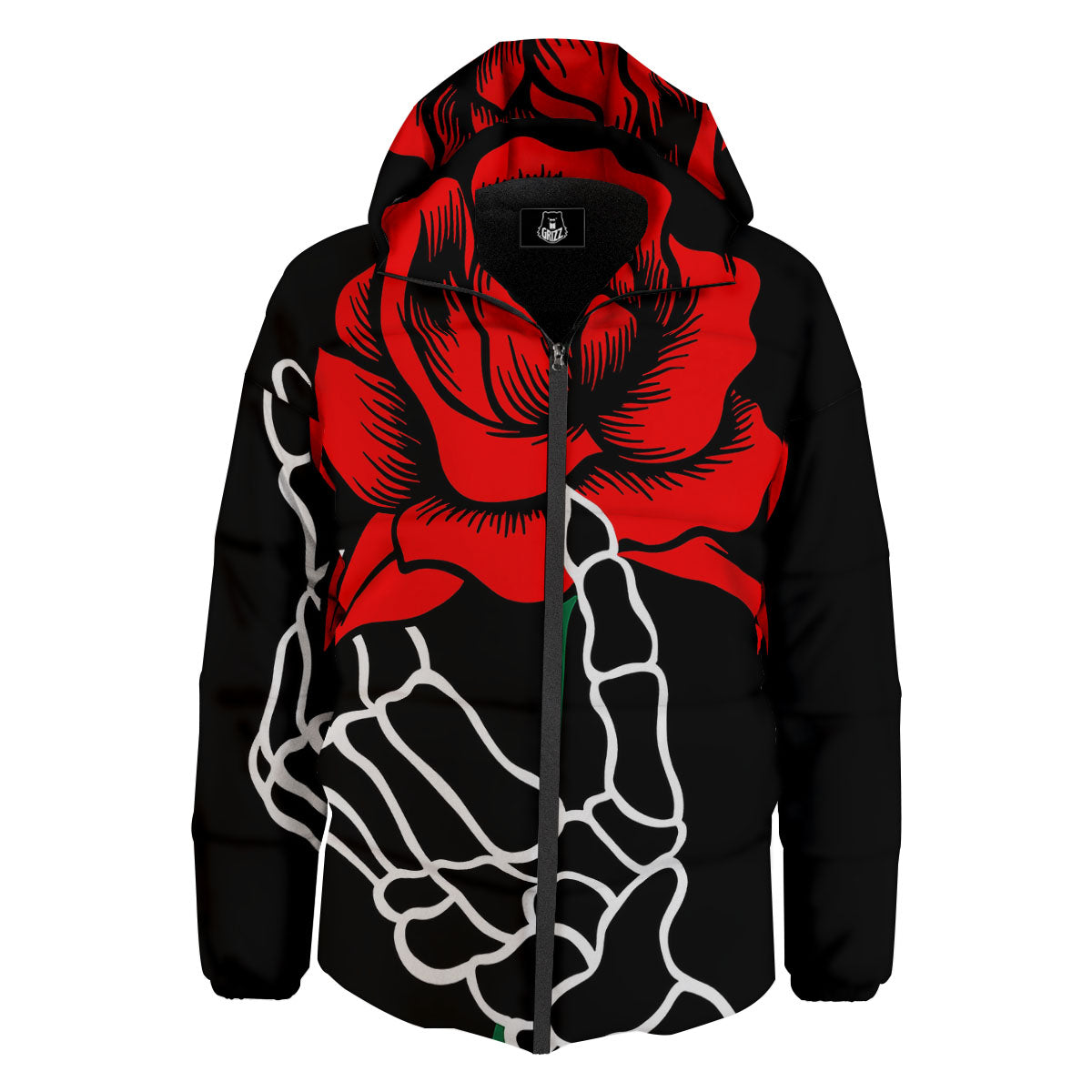 Tattoo Red Roses Print Down Jacket-grizzshop