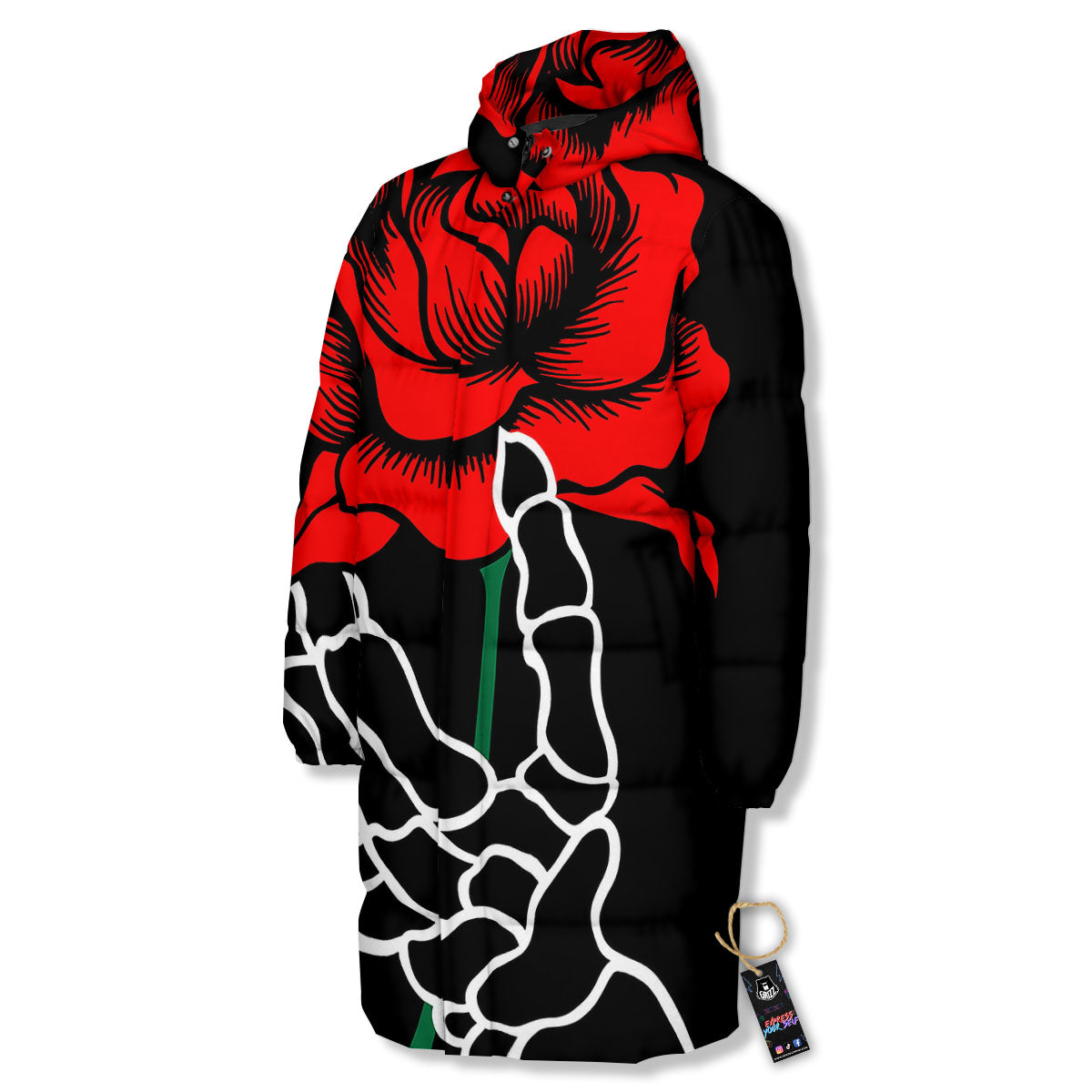 Tattoo Red Roses Print Long Down Jacket-grizzshop