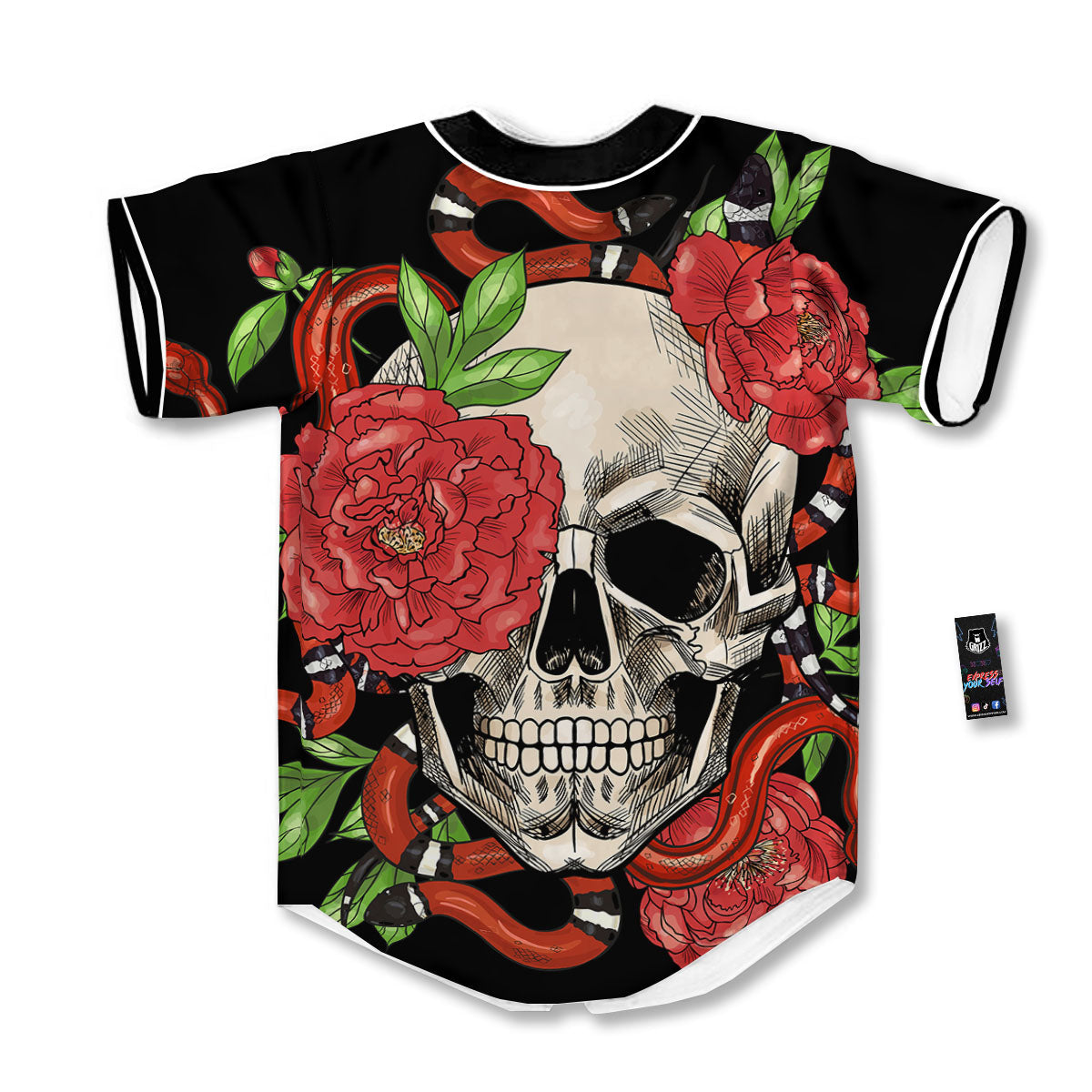 Tattoo Roses And Skull Print Baseball Jersey-grizzshop
