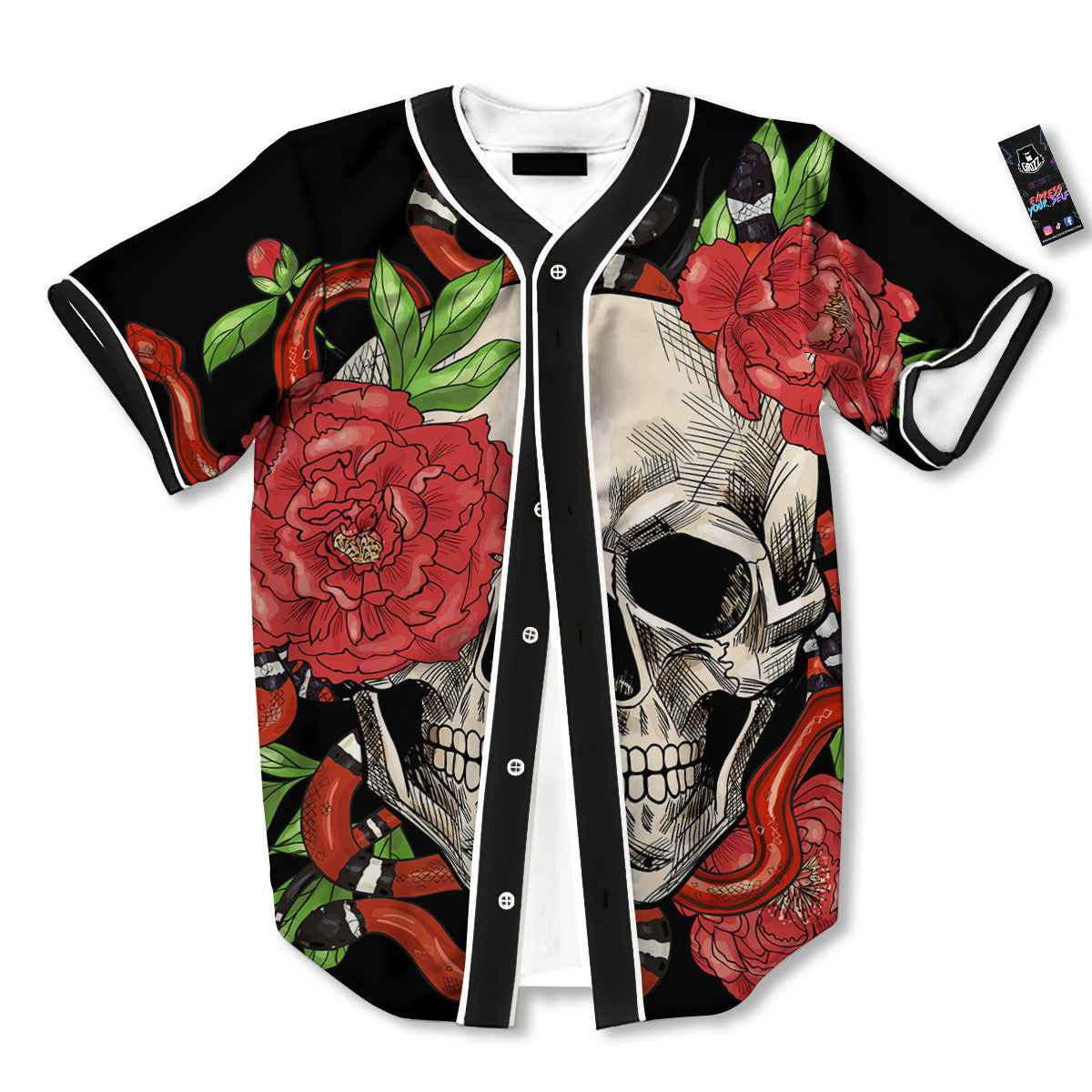 Tattoo Roses And Skull Print Baseball Jersey-grizzshop