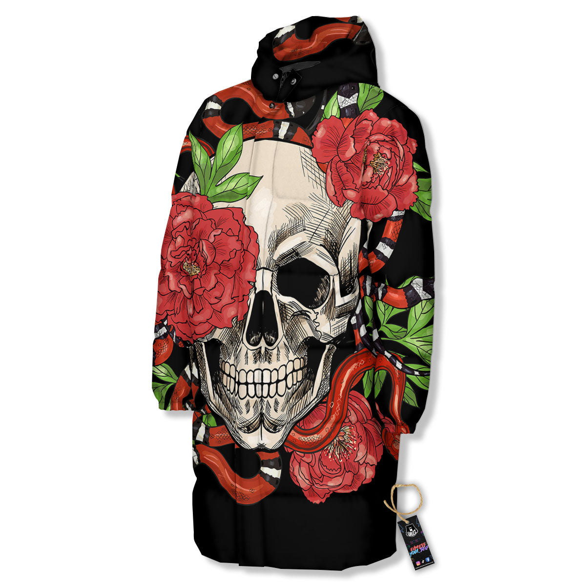 Tattoo Roses And Skull Print Long Down Jacket-grizzshop
