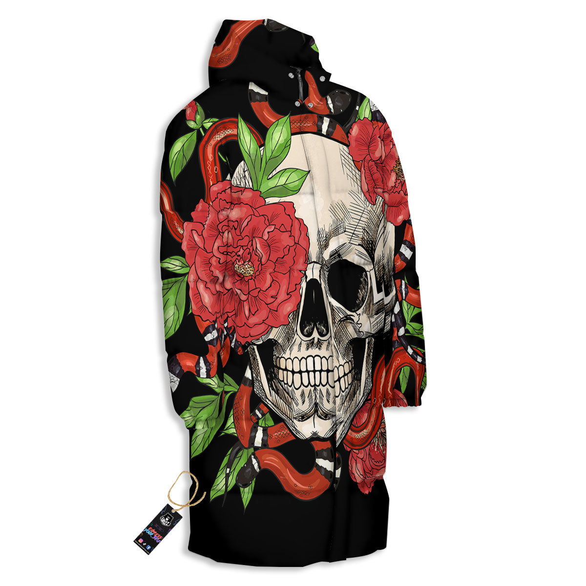 Tattoo Roses And Skull Print Long Down Jacket-grizzshop