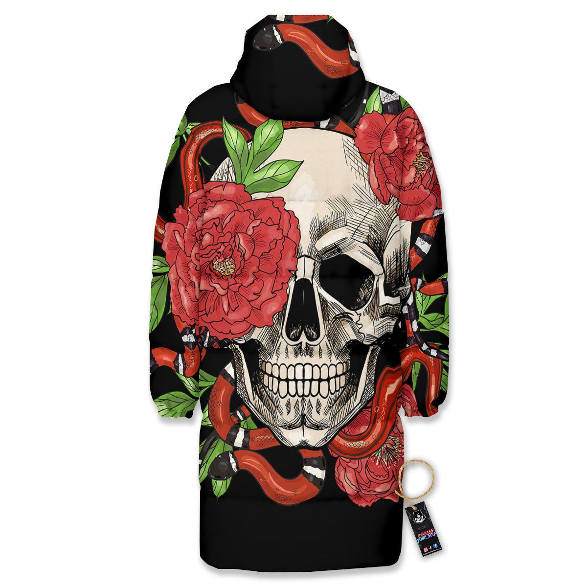 Tattoo Roses And Skull Print Long Down Jacket-grizzshop