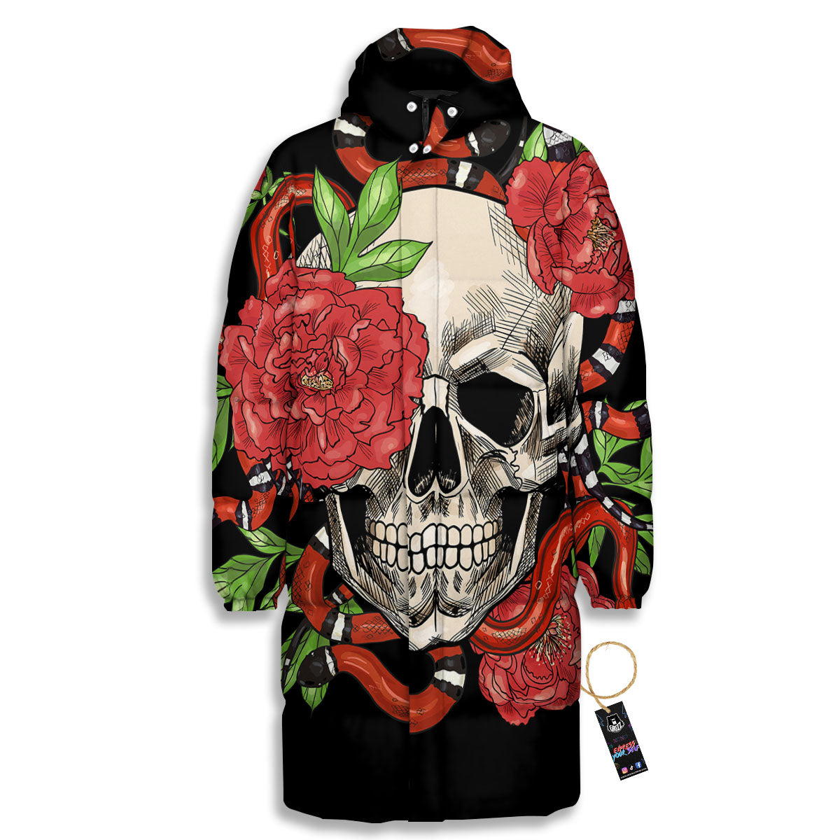 Tattoo Roses And Skull Print Long Down Jacket-grizzshop