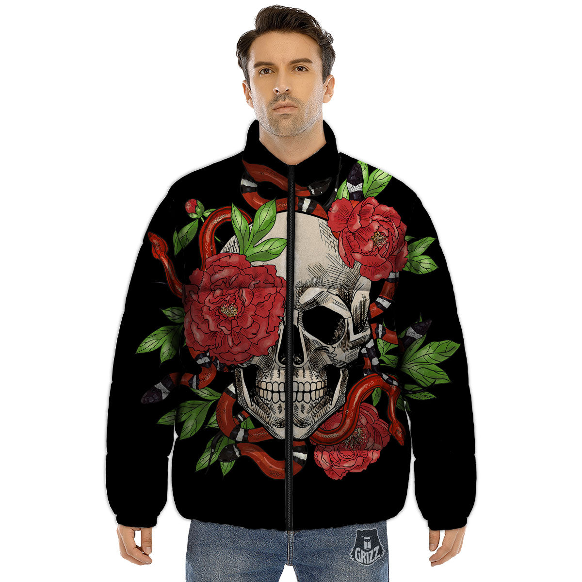Tattoo Roses And Skull Print Puffer Jacket-grizzshop