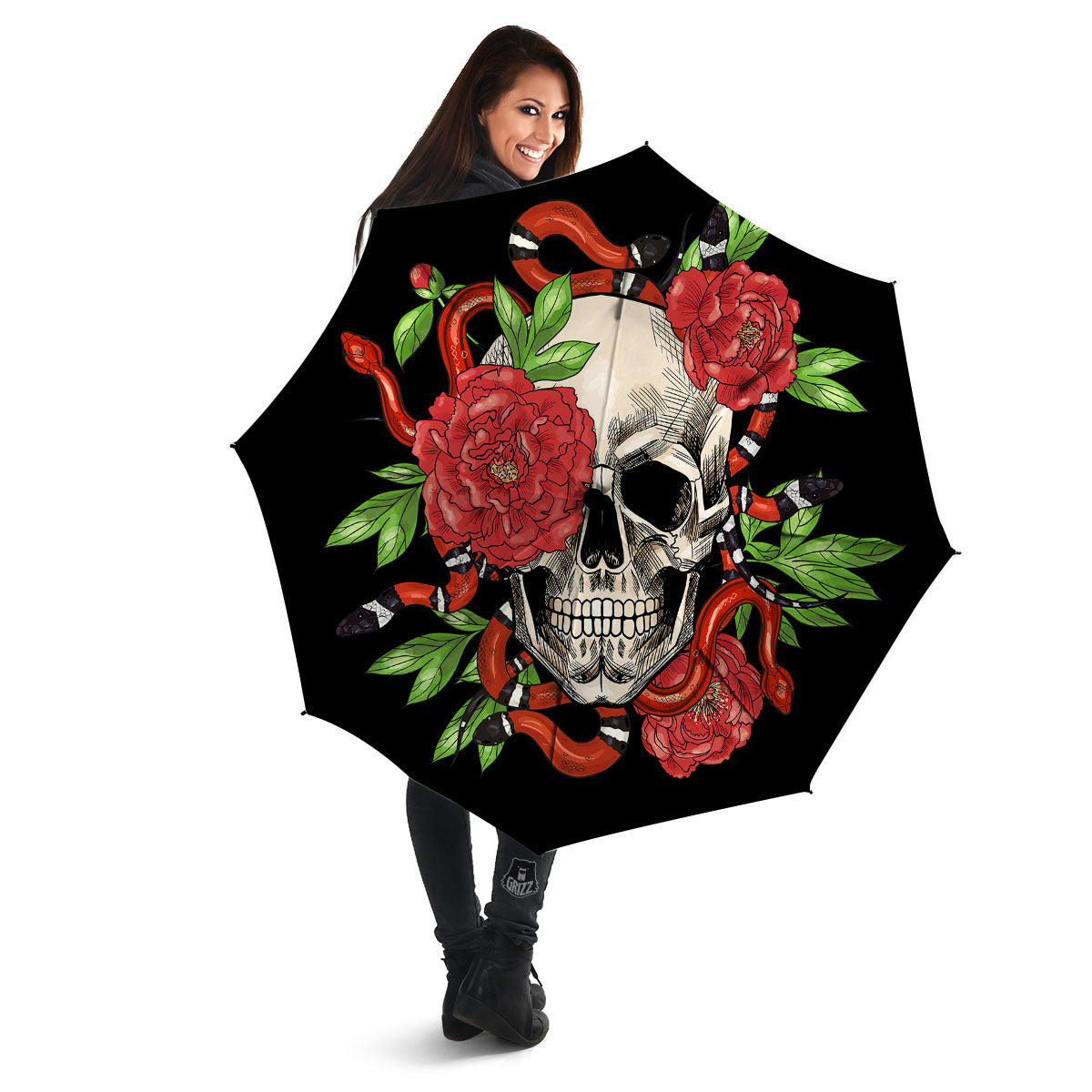 Tattoo Roses And Skull Print Umbrella-grizzshop