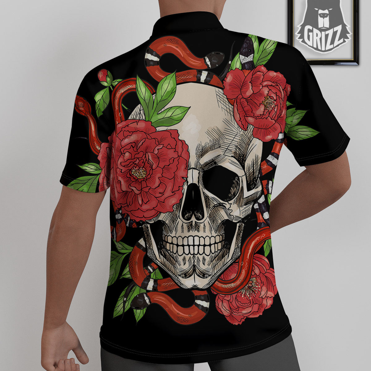 Tattoo Roses And Skull Print Untucked Shirts-grizzshop