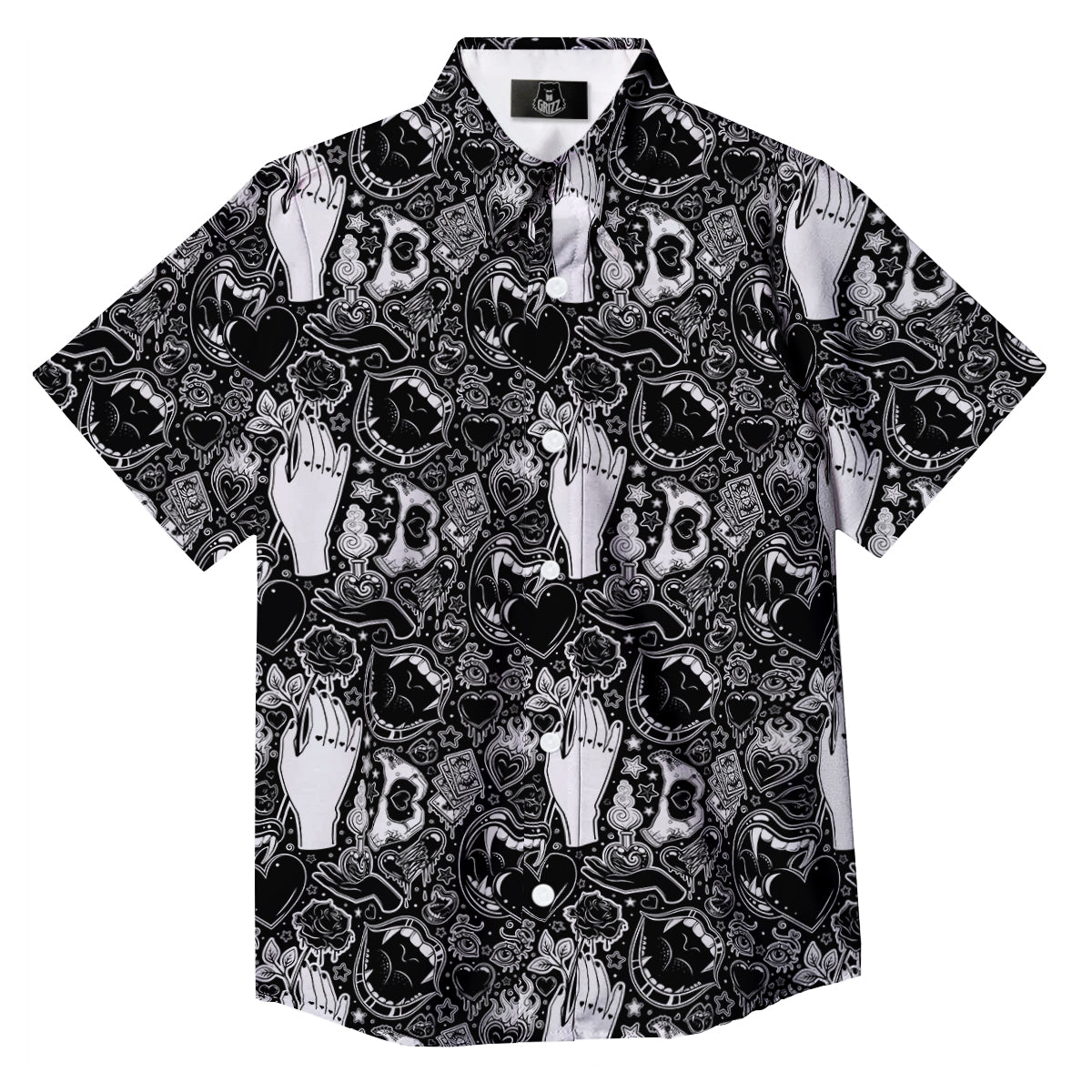 Tattoo Vampire Black and White Print Pattern Button Up Shirt-grizzshop