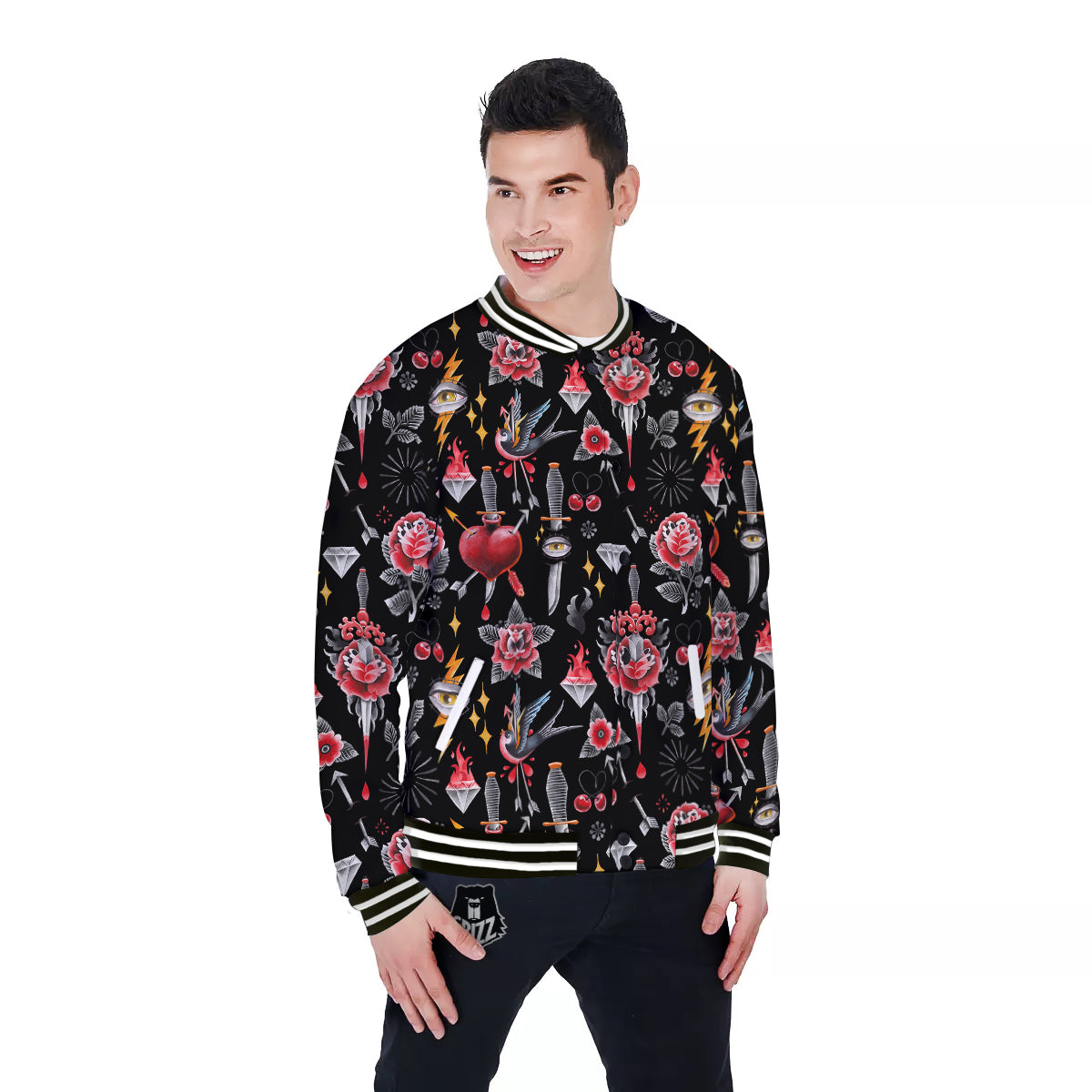 Tattoo Watercolor Print Pattern Baseball Jacket-grizzshop