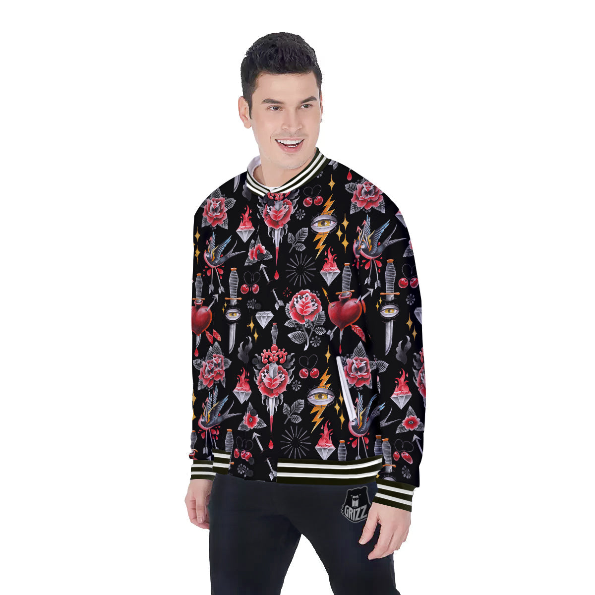 Tattoo Watercolor Print Pattern Baseball Jacket-grizzshop