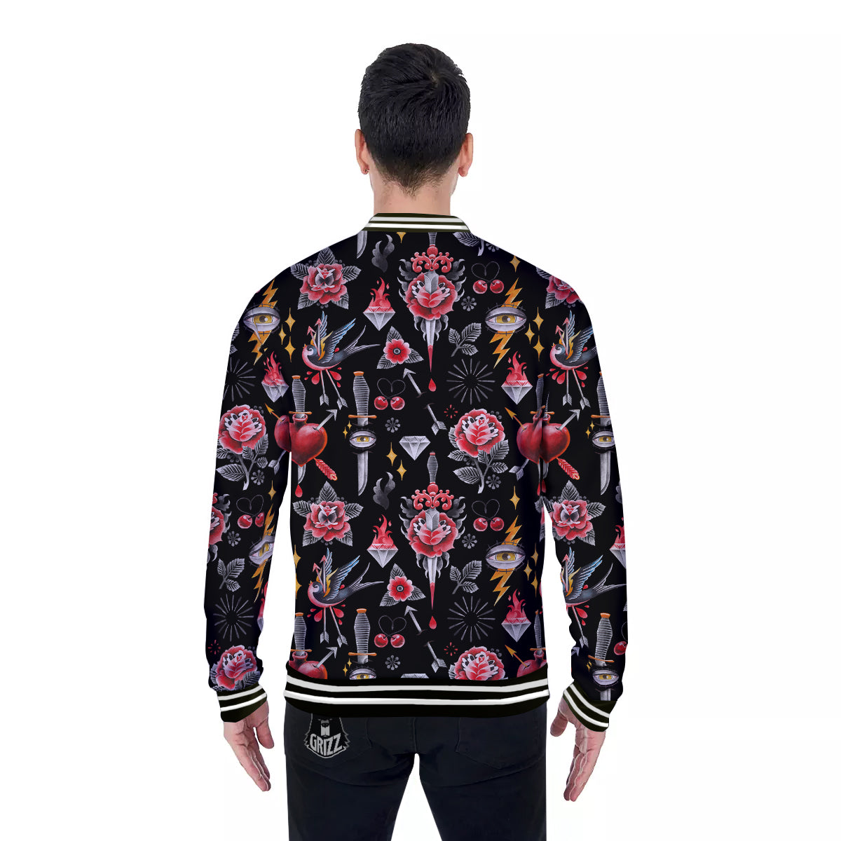 Tattoo Watercolor Print Pattern Baseball Jacket-grizzshop