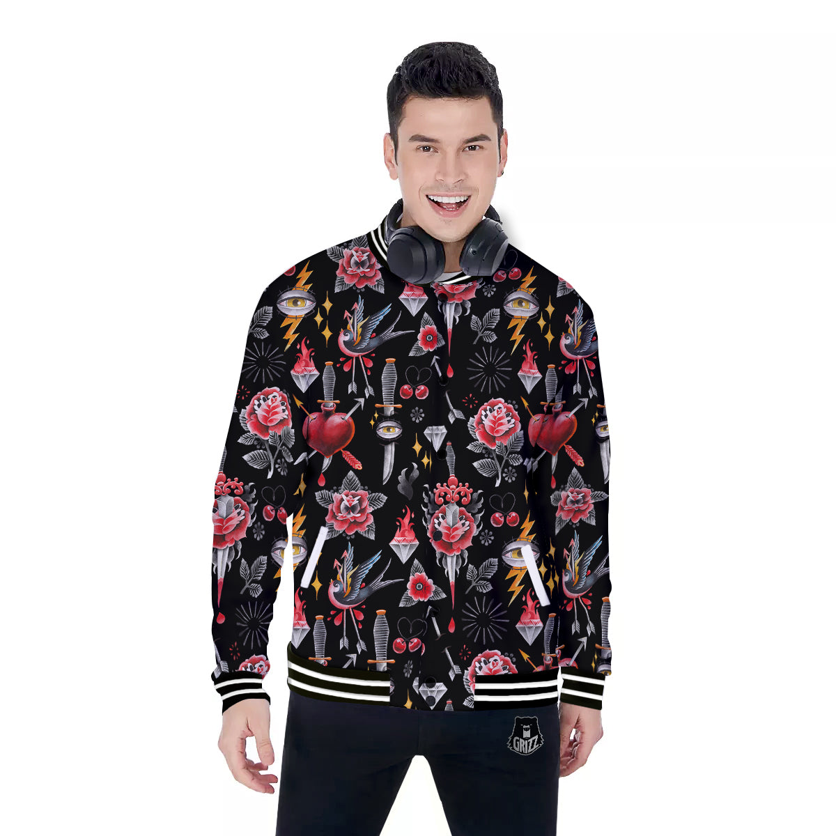 Tattoo Watercolor Print Pattern Baseball Jacket-grizzshop