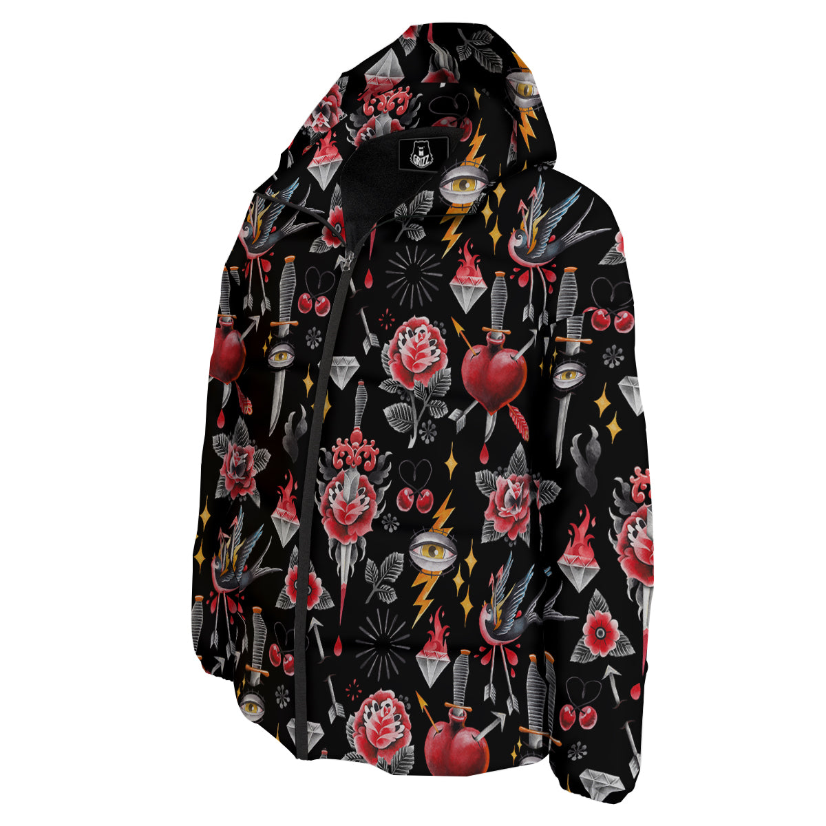 Tattoo Watercolor Print Pattern Down Jacket-grizzshop