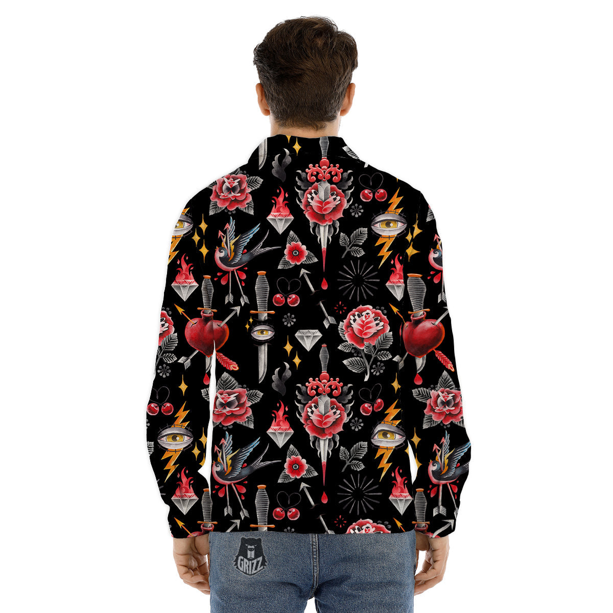 Tattoo Watercolor Print Pattern Men's Dress Shirts-grizzshop