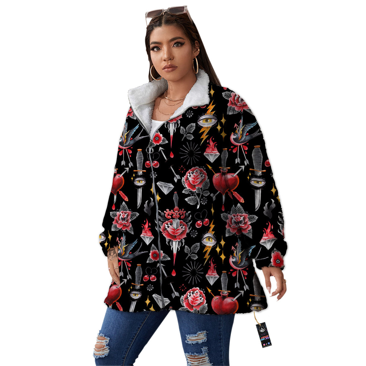 Tattoo Watercolor Print Pattern Women's Sherpa Jacket-grizzshop