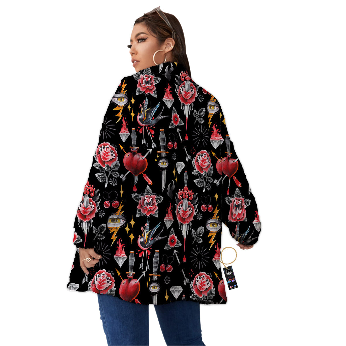 Tattoo Watercolor Print Pattern Women's Sherpa Jacket-grizzshop