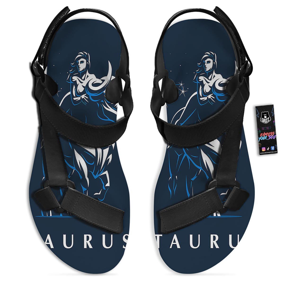 Taurus Constellation Sign Print Black Open Toe Sandals-grizzshop