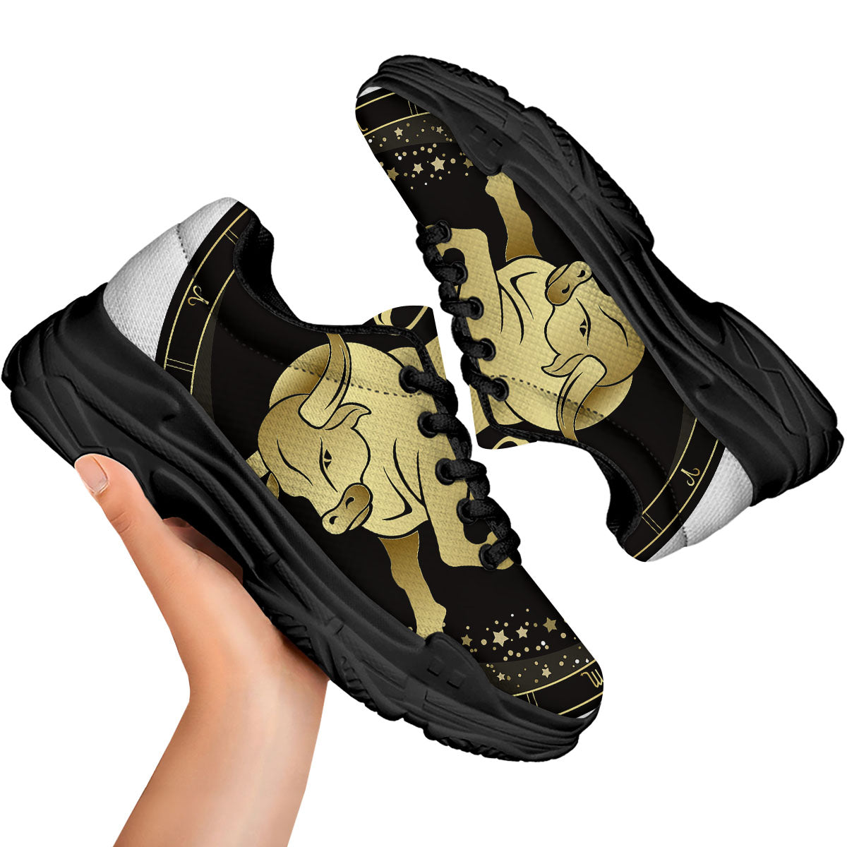 Taurus Sign Black And Gold Print Black Chunky Shoes-grizzshop