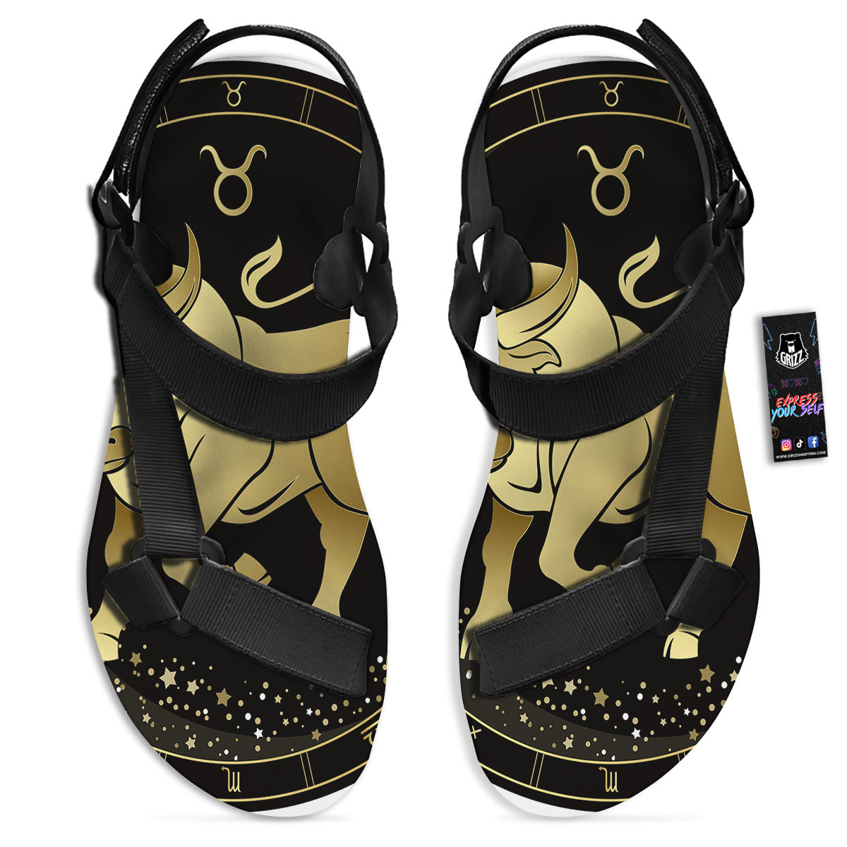 Taurus Sign Black And Gold Print Black Open Toe Sandals-grizzshop