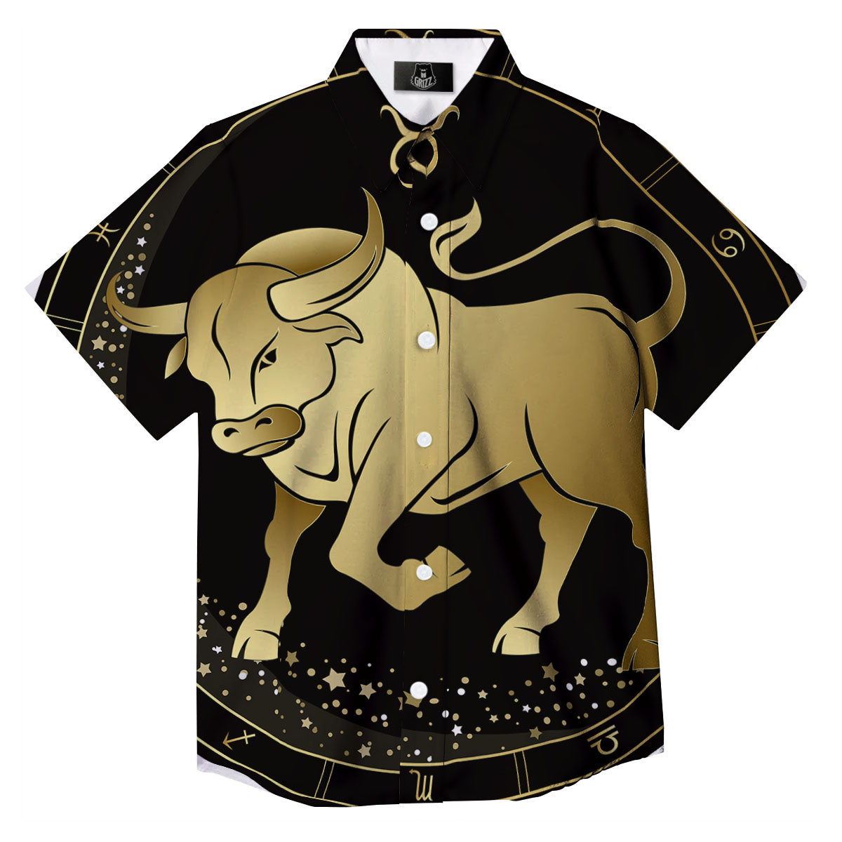 Taurus Sign Black And Gold Print Button Up Shirt-grizzshop