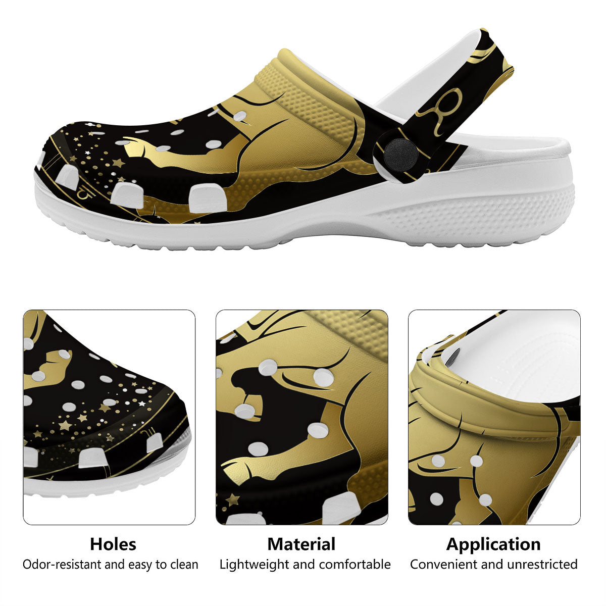 Taurus Sign Black And Gold Print Clog-grizzshop