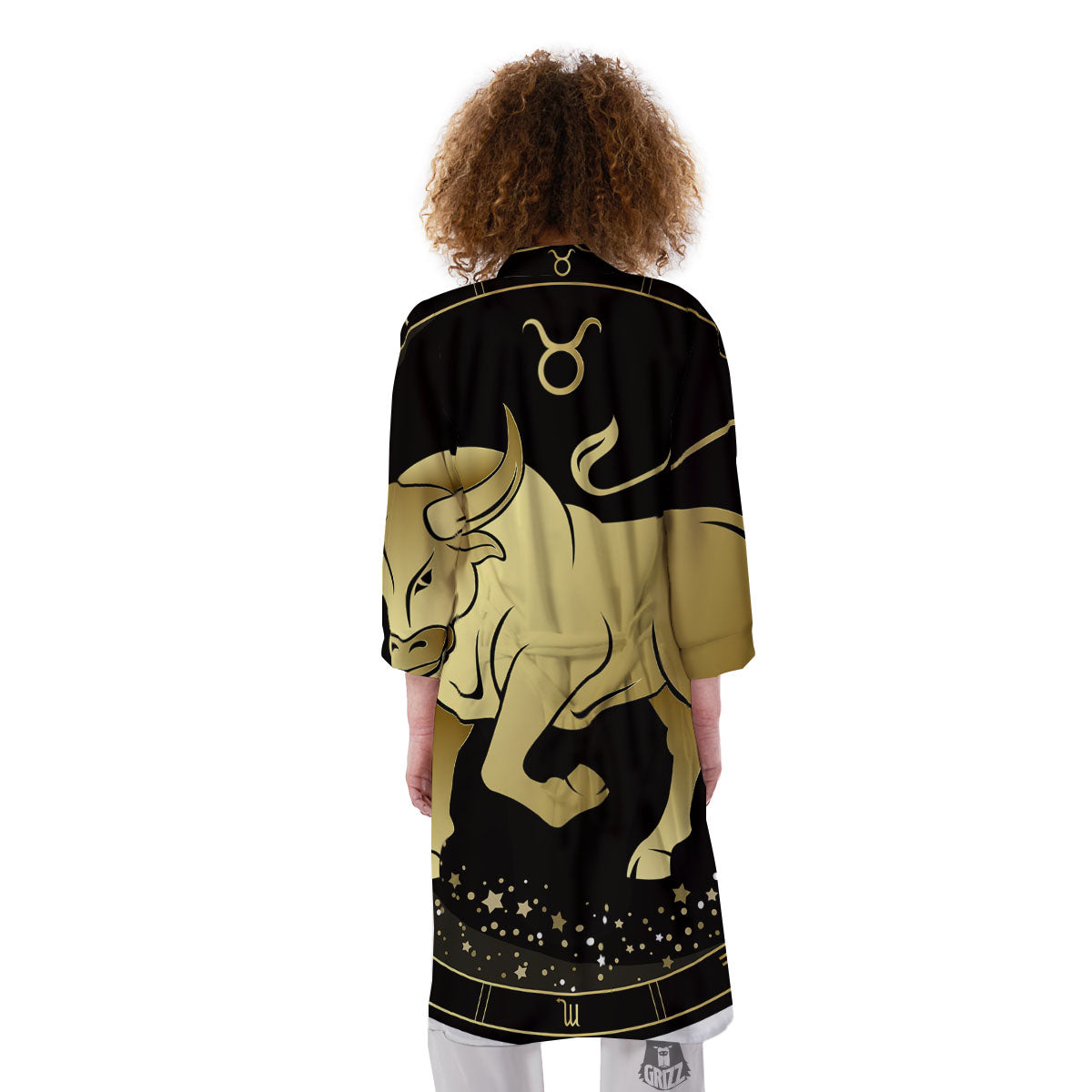 Taurus Sign Black And Gold Print Kimono-grizzshop