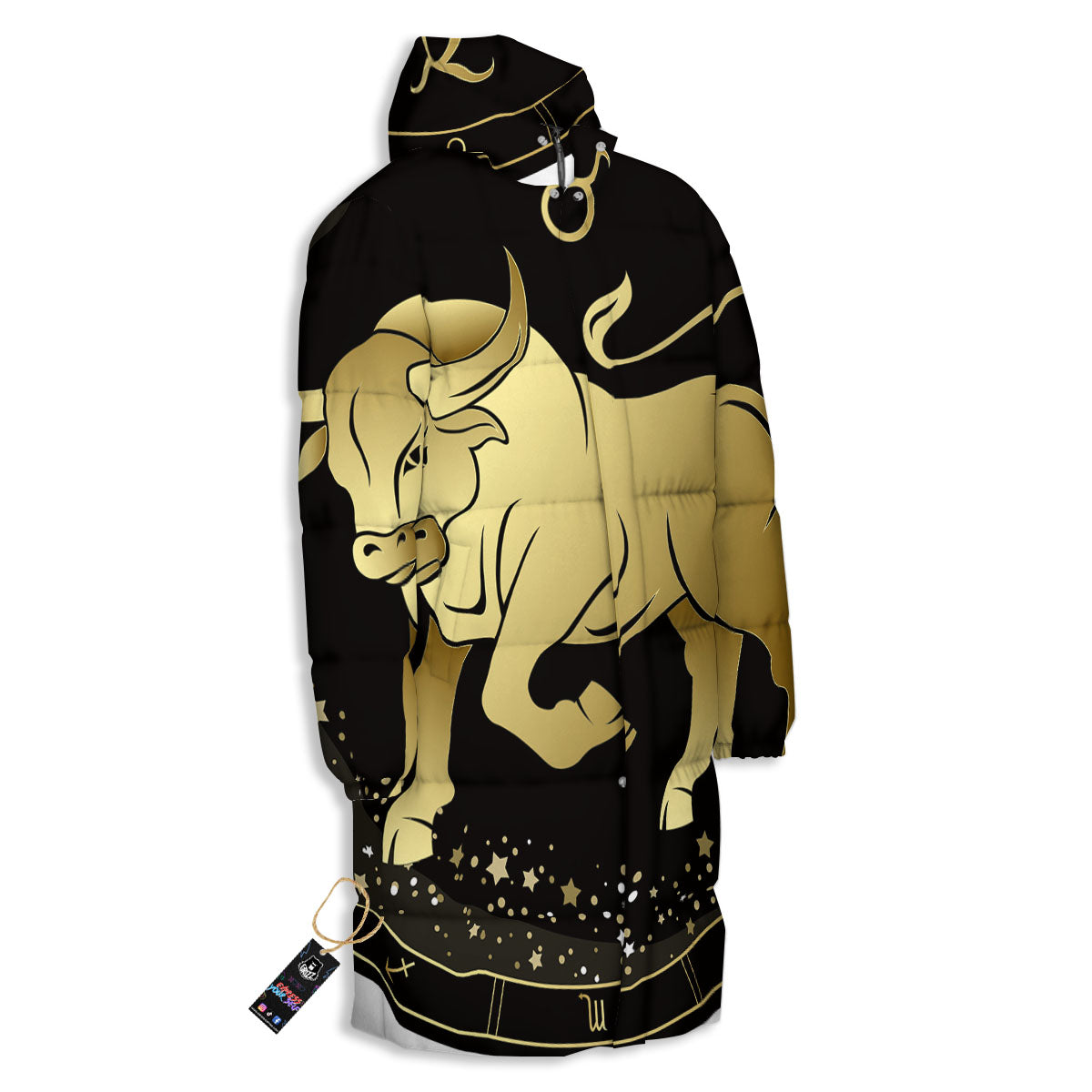 Taurus Sign Black And Gold Print Long Down Jacket-grizzshop
