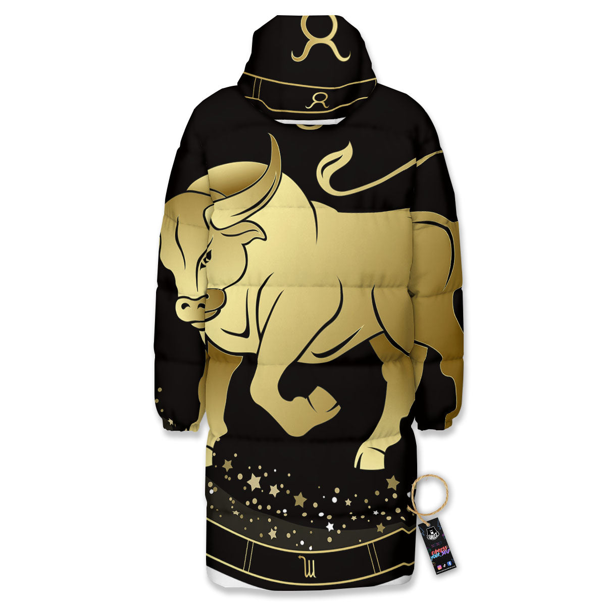 Taurus Sign Black And Gold Print Long Down Jacket-grizzshop