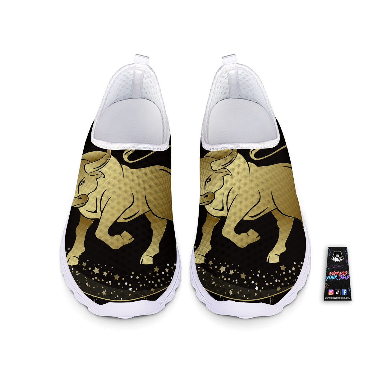 Taurus Sign Black And Gold Print Nurse Shoes-grizzshop