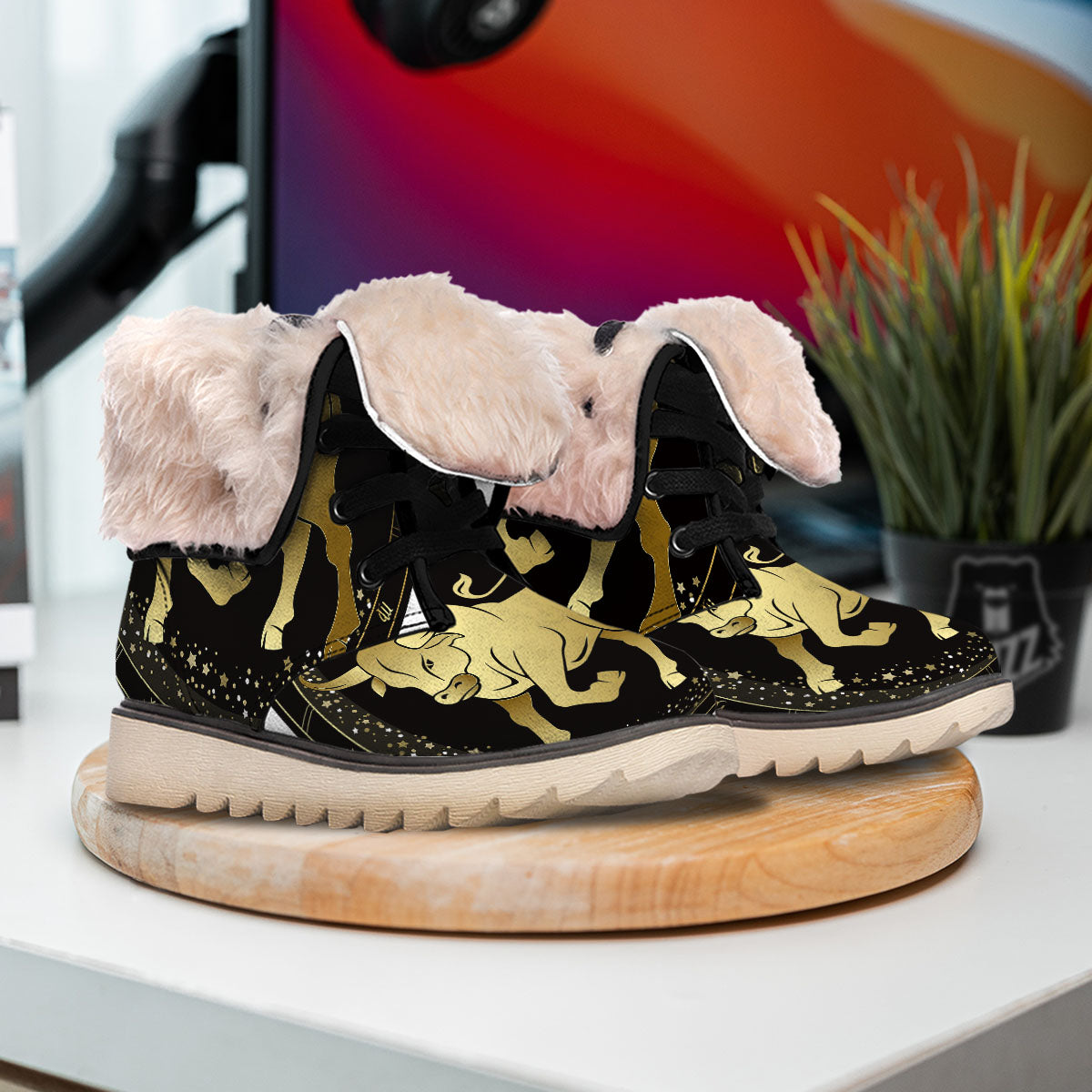 Taurus Sign Black And Gold Print Snow Boots-grizzshop