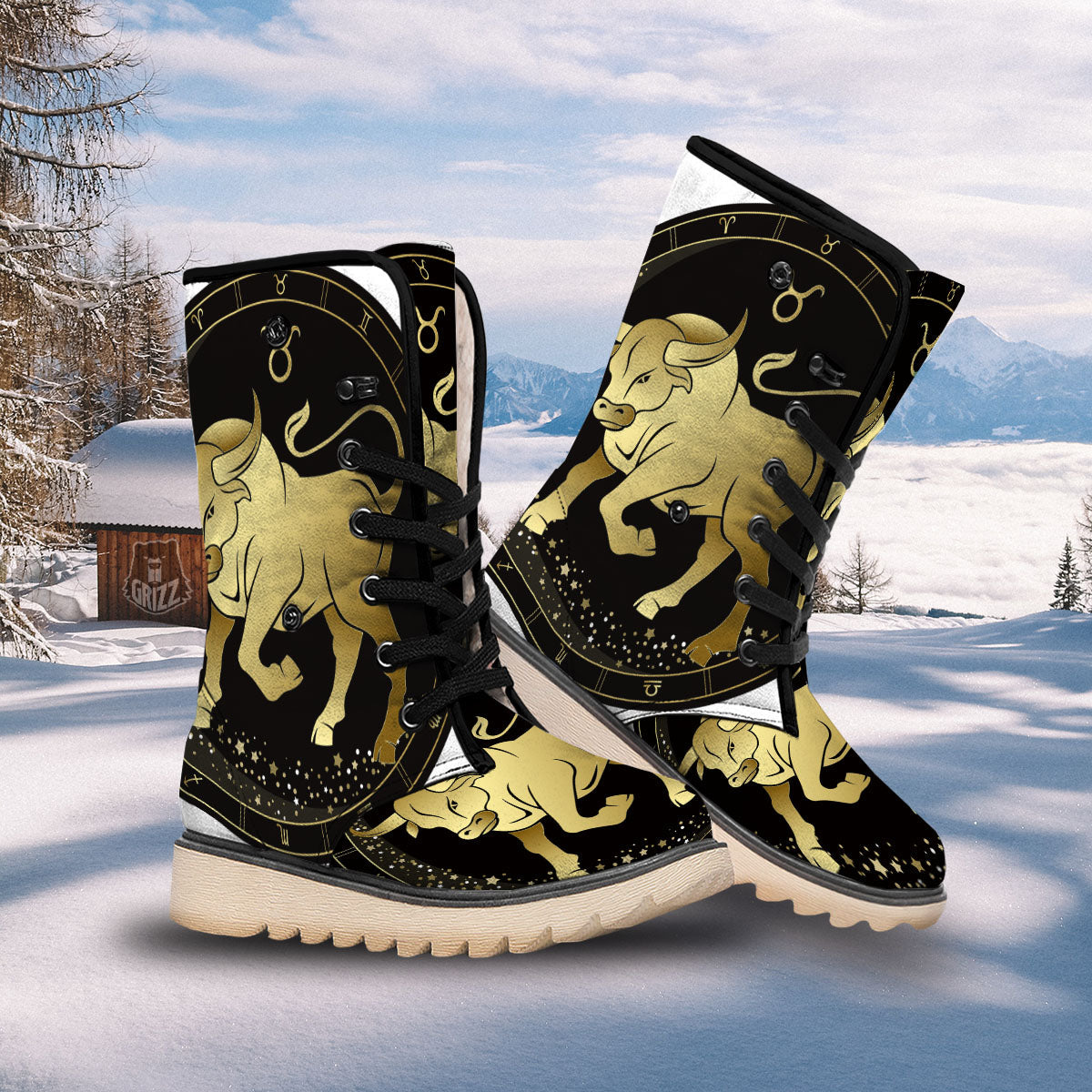 Taurus Sign Black And Gold Print Snow Boots-grizzshop
