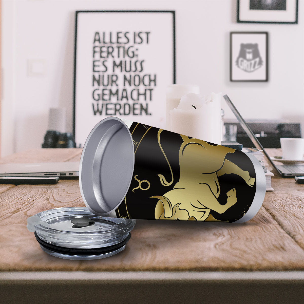 Taurus Sign Black And Gold Print Tumbler-grizzshop