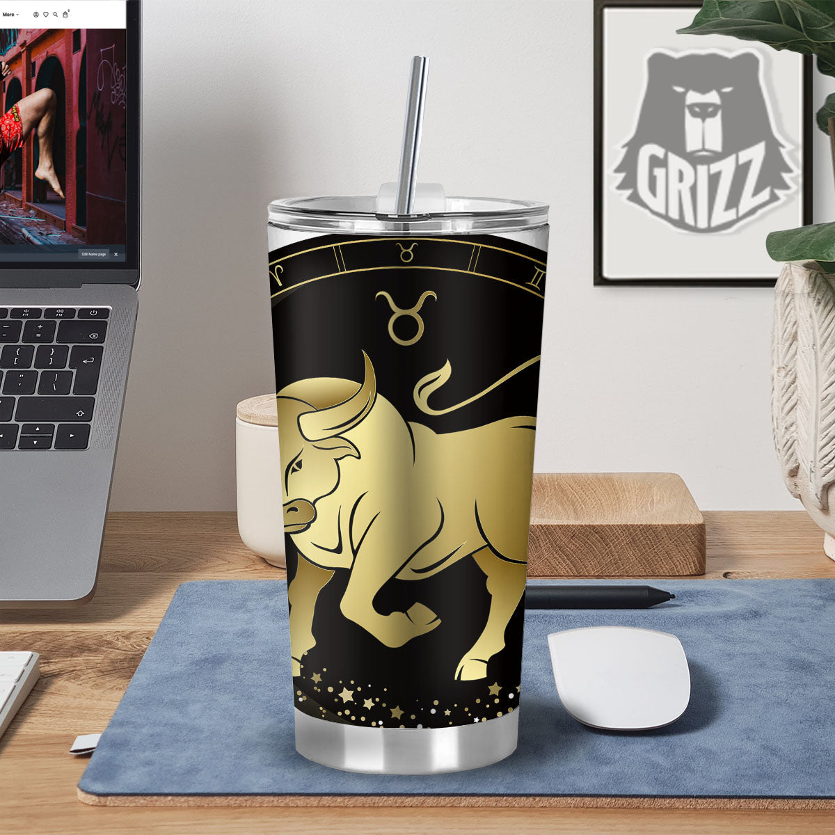 Taurus Sign Black And Gold Print Tumbler-grizzshop