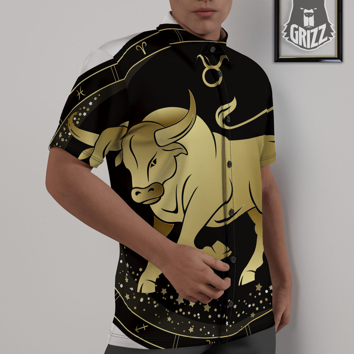 Taurus Sign Black And Gold Print Untucked Shirts-grizzshop